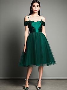 Elegant Green Off-Shoulder Cocktail Dress on Woman