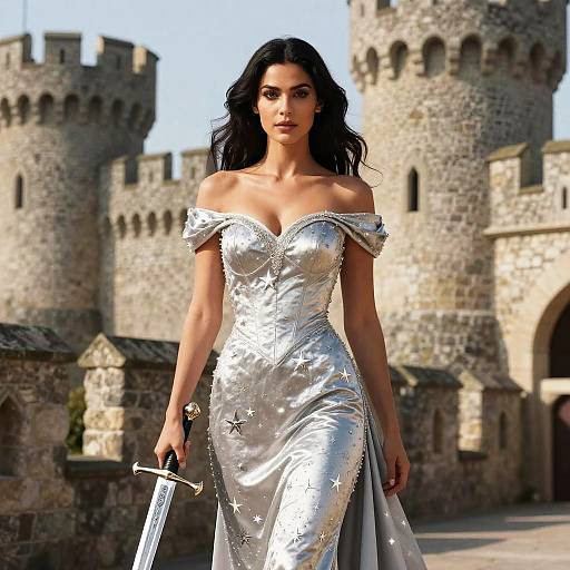 Woman in Silver Star Embellished Dress Holding Sword by Medieval Castle