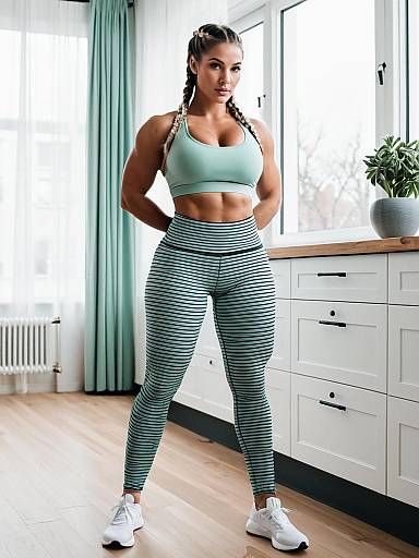 Fit Woman in Mint Green Athletic Wear Posing in Modern Kitchen