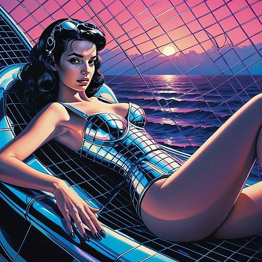 Retro Futuristic Woman Relaxing in Synthwave Style at Sunset