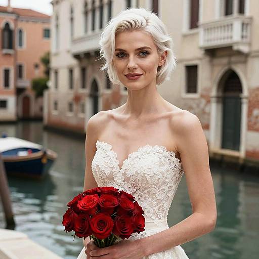 Elegant Woman in White Lace Wedding Dress Holding Red Roses by Venetian Canal