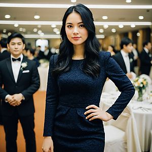 Elegant Woman in Navy Lace Dress at Wedding Reception