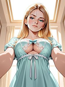 Anime Style Portrait of Blonde Woman in Light Blue Dress