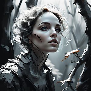 Ethereal Woman with Blue Eyes in Abstract Forest