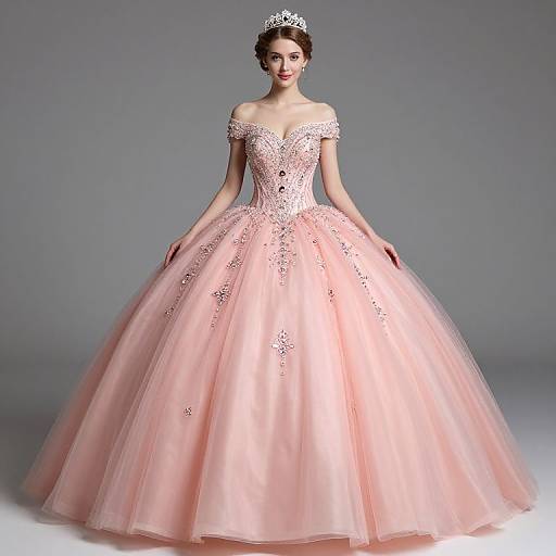 Elegant Blush Pink Ball Gown with Beaded Embellishments and Tiara