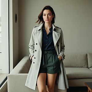 Stylish Woman in Trench Coat and Shorts Indoor Fashion Portrait
