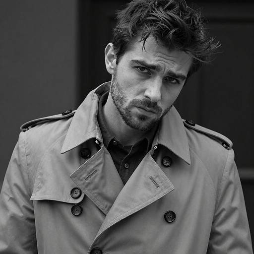 Stylish Young Man in Trench Coat Black and White Portrait