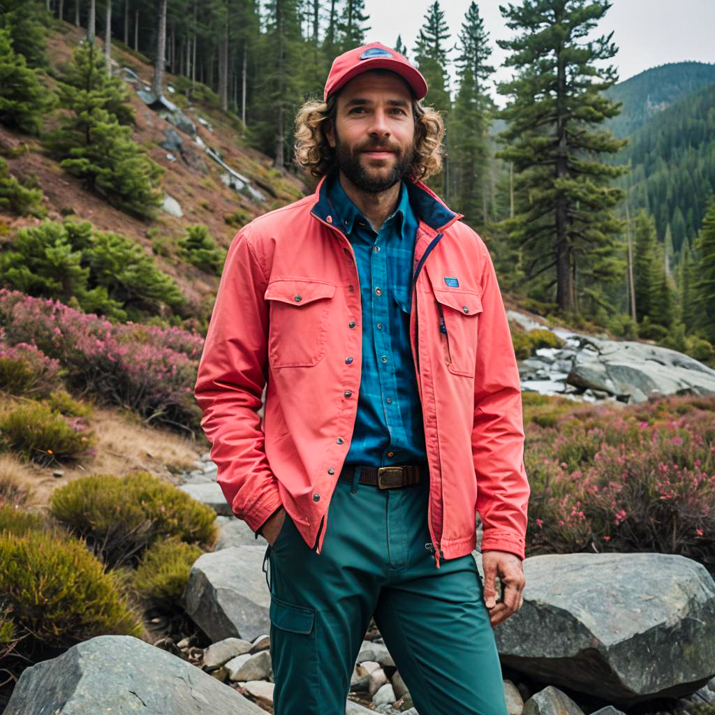 Man in Coral Jacket Hiking in Mountain Forest Landscape