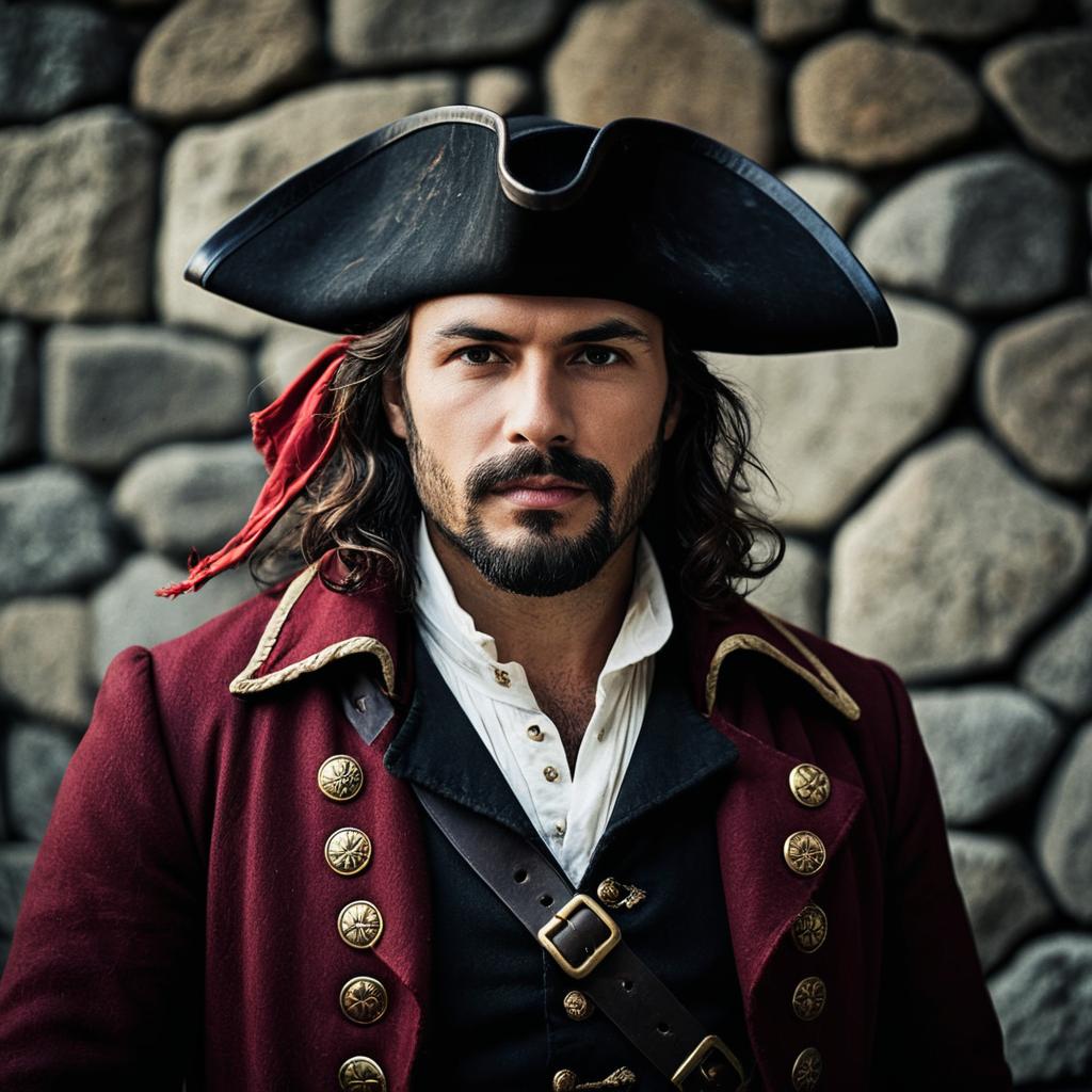 Realistic Portrait of Man in 18th Century Pirate Costume with Tricorne Hat