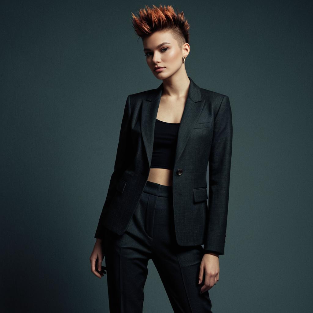 Confident Woman with Red Tipped Mohawk in Tailored Black Suit