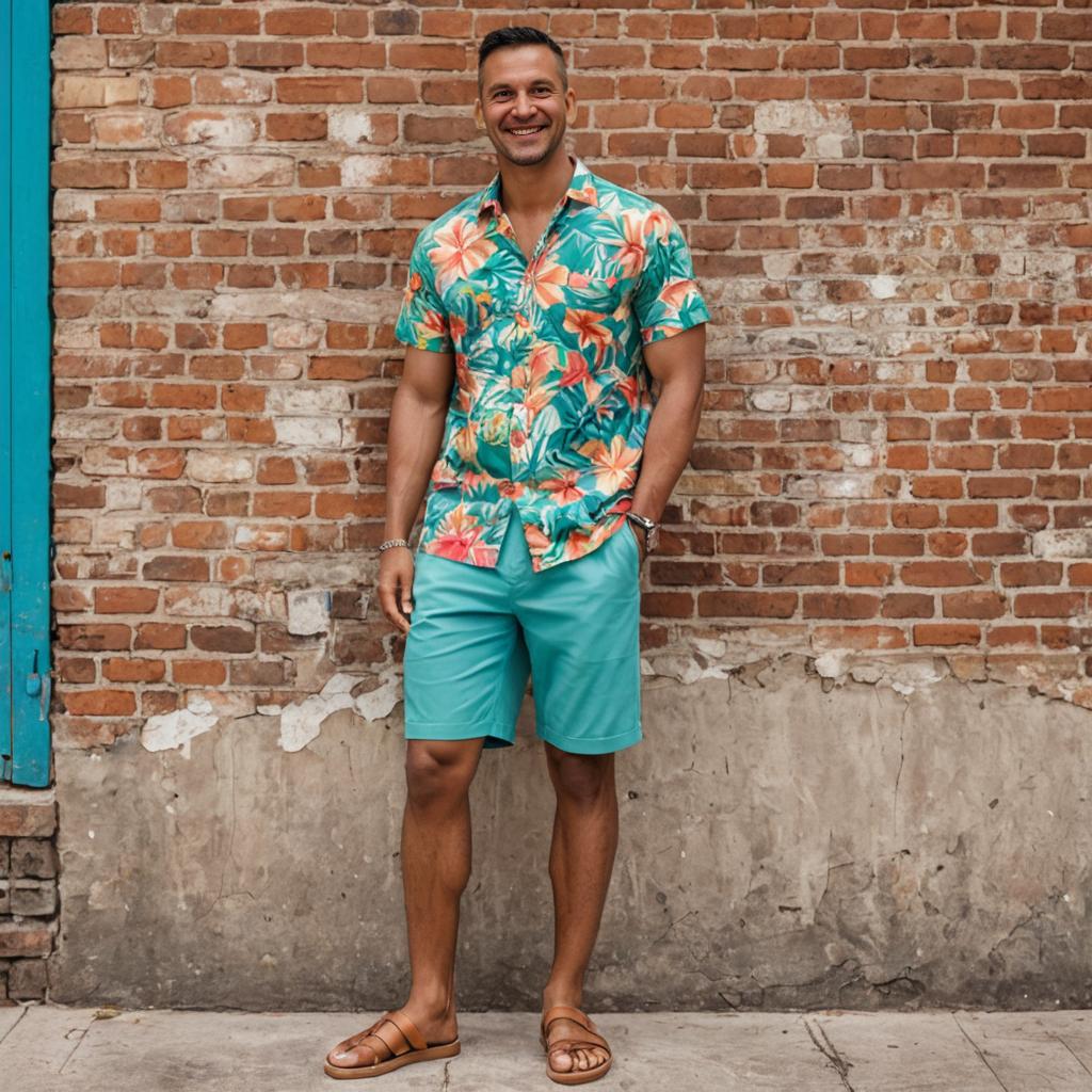 Smiling Man in Tropical Attire Against Brick Wall