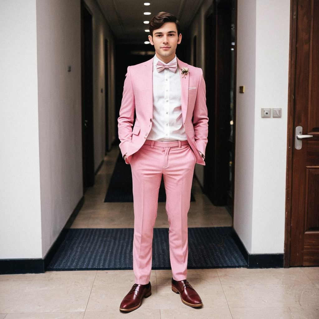 Young man in stylish pink suit