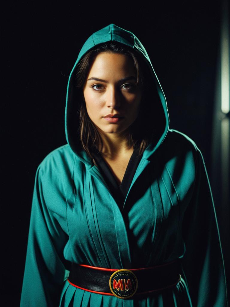Photorealistic Studio Portrait of Woman in Teal Mia Costume with Cinematic Lighting