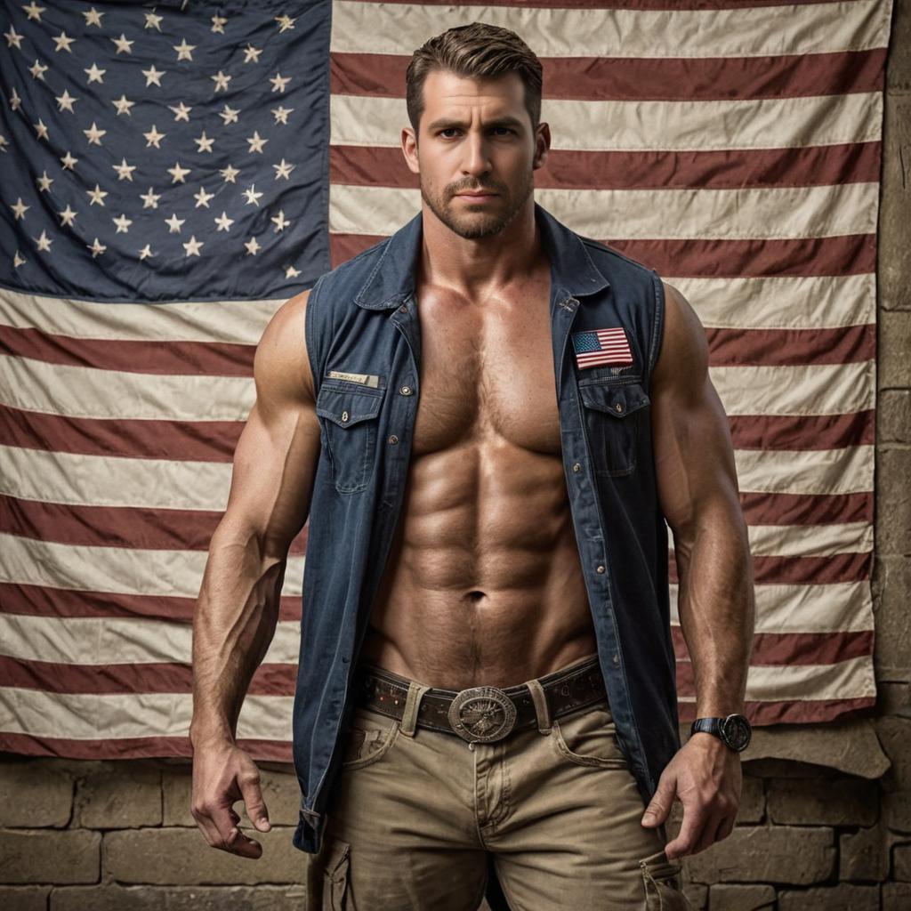 Muscular man in front of North American flag