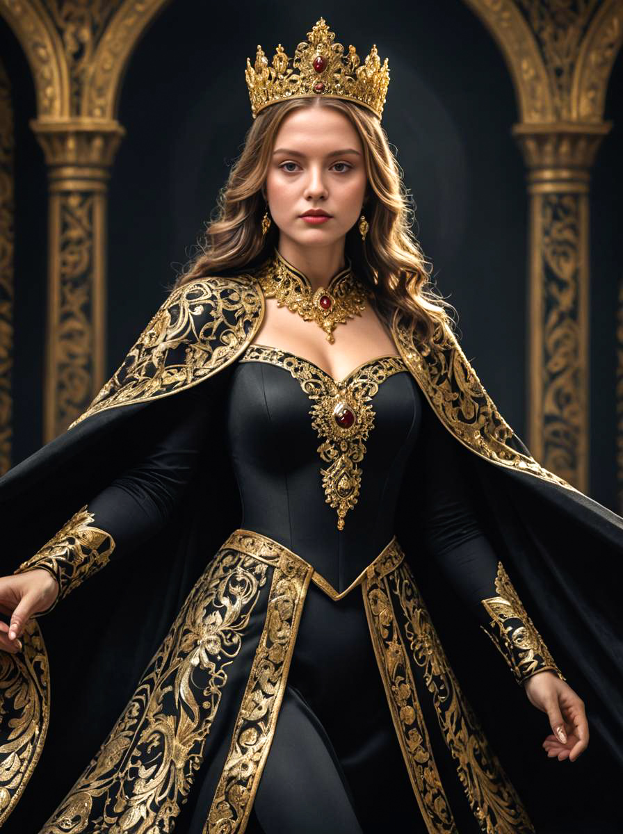 Regal Woman in Black Costume with Gold Detailing