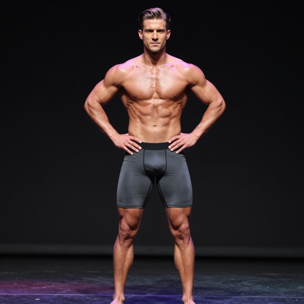 Muscular Man in Black Athletic Shorts Standing Confidently on Stage