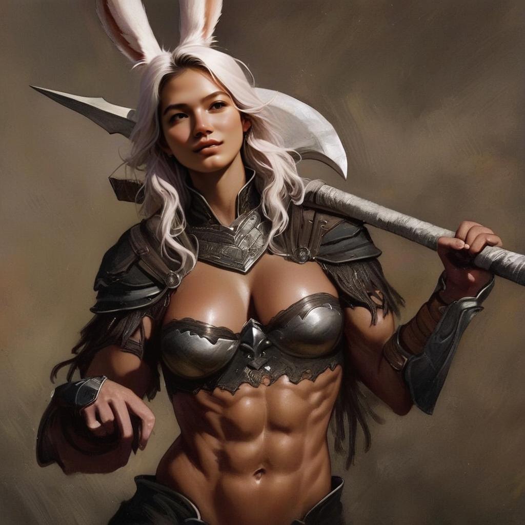 Muscular Female Warrior with Bunny Ears and Axe in Fantasy Armor