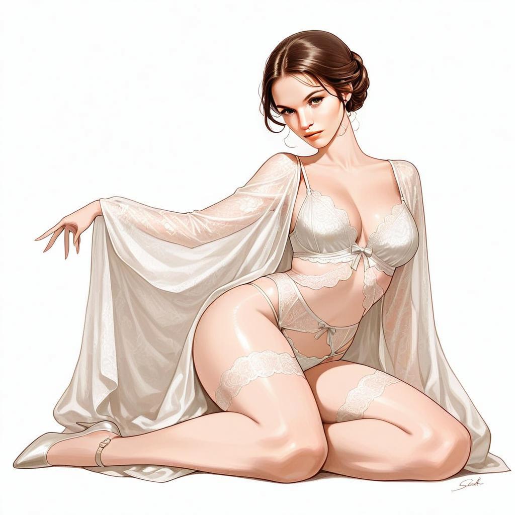 Elegant Woman in White Lace Lingerie and Sheer Robe Elegant Woman in White Lace Lingerie and Sheer Robe