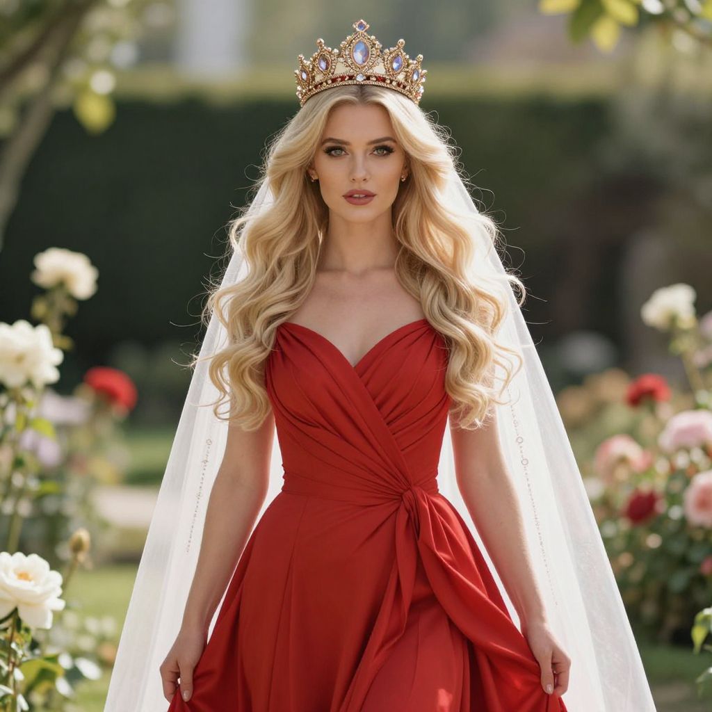 Elegant Woman in Red Gown and Jeweled Crown in Garden