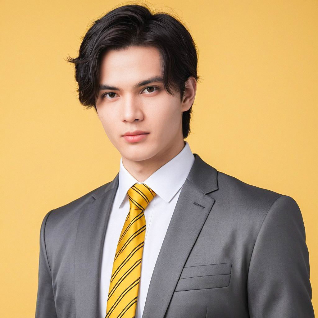 Confident Young Man in Gray Suit with Yellow Background