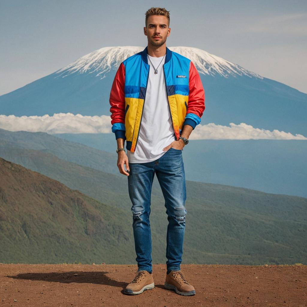 Stylish man in colorful jacket at Mount Kilimanjaro