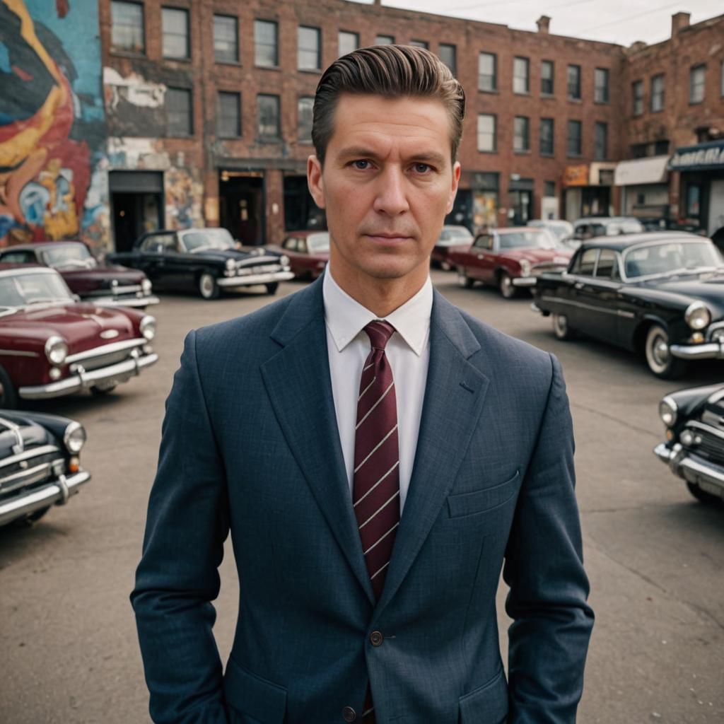 Confident Man in Vintage Suit on Retro Street