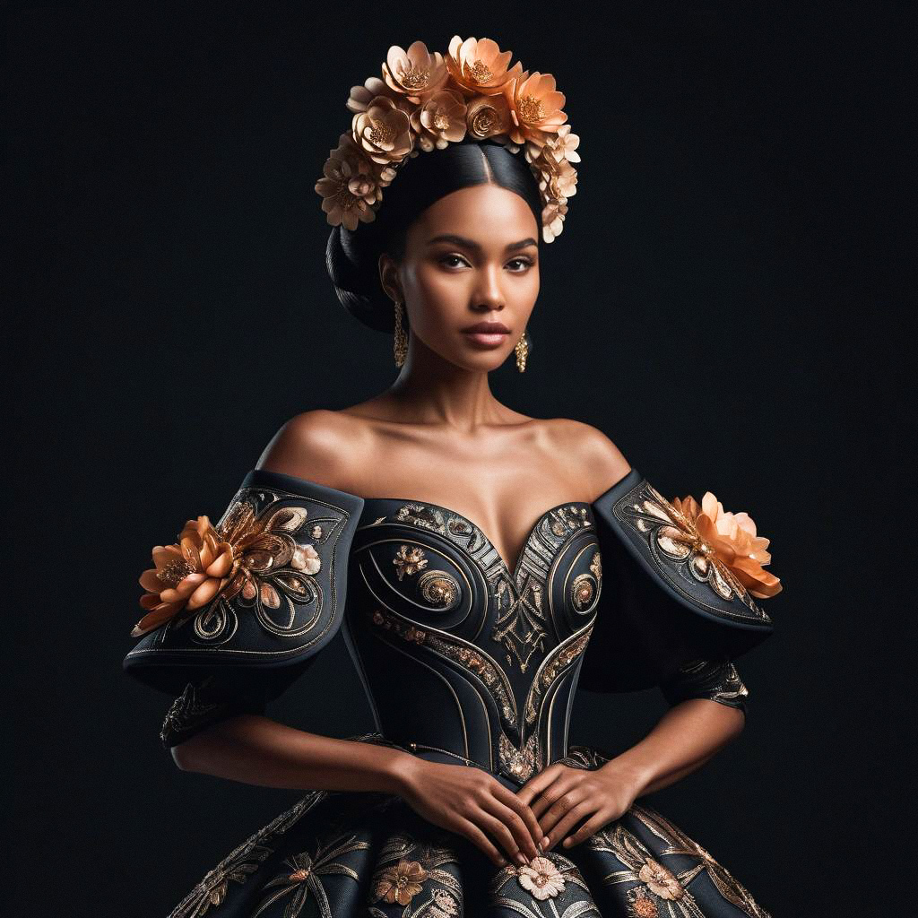 Sophisticated Woman in Embroidered Gown with Floral Headpiece