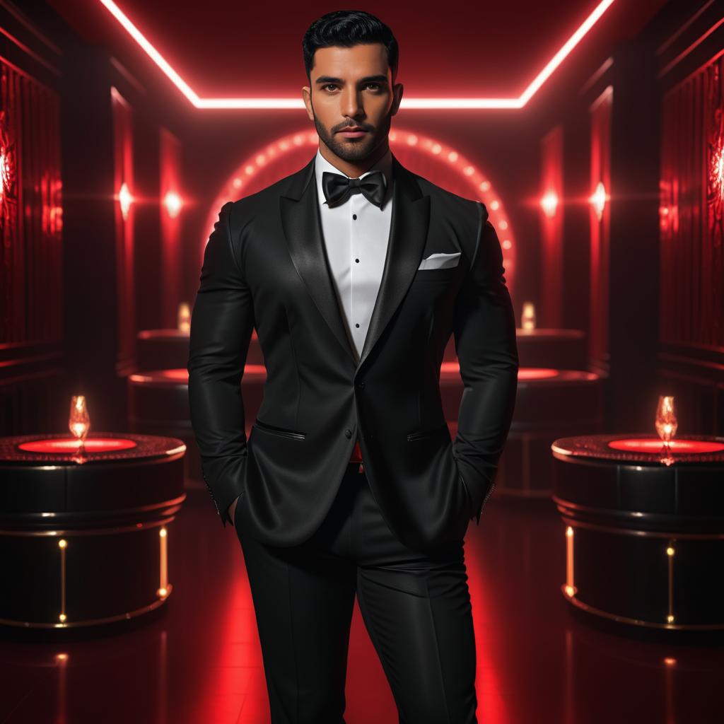 Man in Black Tuxedo in Dramatic Lounge