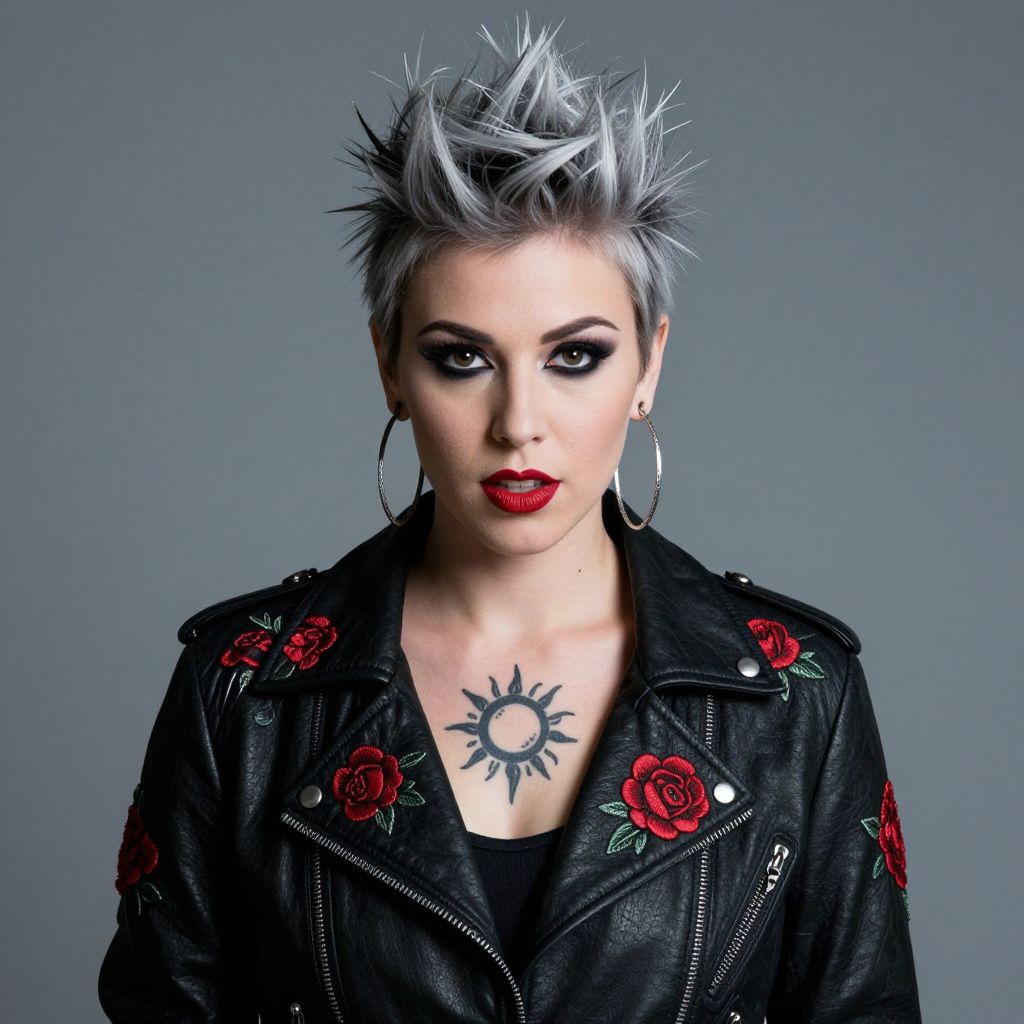 Woman with Silver Spiked Hair and Rose Embroidered Leather Jacket