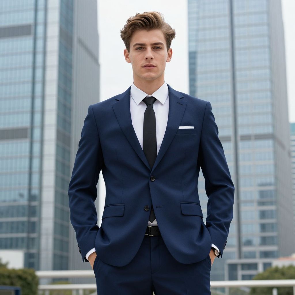 Young Man in Navy Blue Suit Standing in Urban Business District