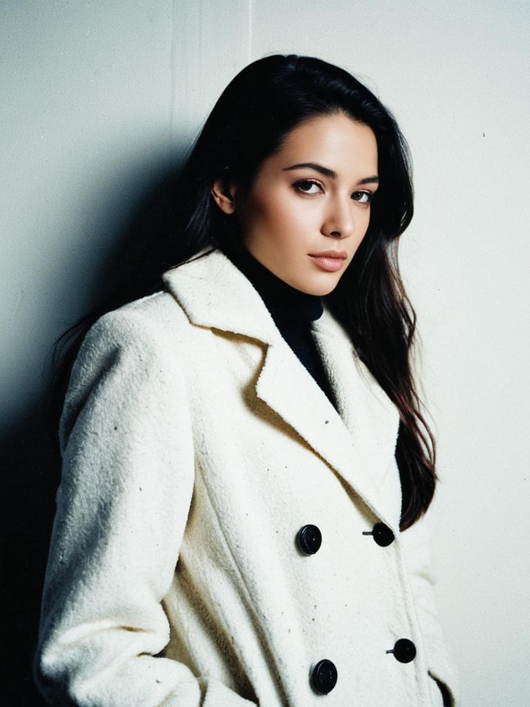 Elegant Woman in White Double-Breasted Coat Fashion Portrait