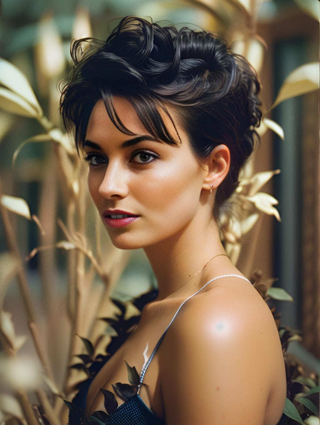 Elegant Close-Up Portrait of Woman with Short Hair in Warm Foliage