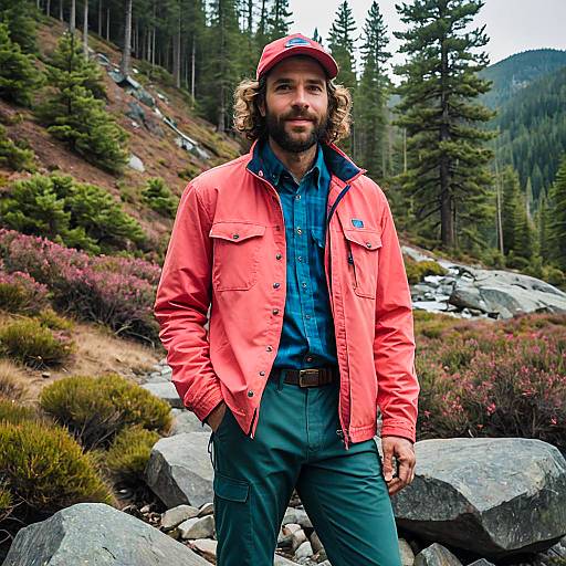 Man in Coral Jacket Hiking in Mountain Forest Landscape