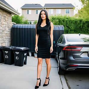 Confident Woman in Black Dress by Modern Car