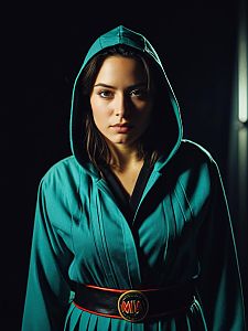 Photorealistic Studio Portrait of Woman in Teal Mia Costume with Cinematic Lighting
