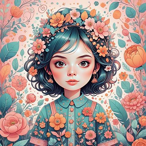 Whimsical Floral Portrait of a Young Woman with Blue Hair