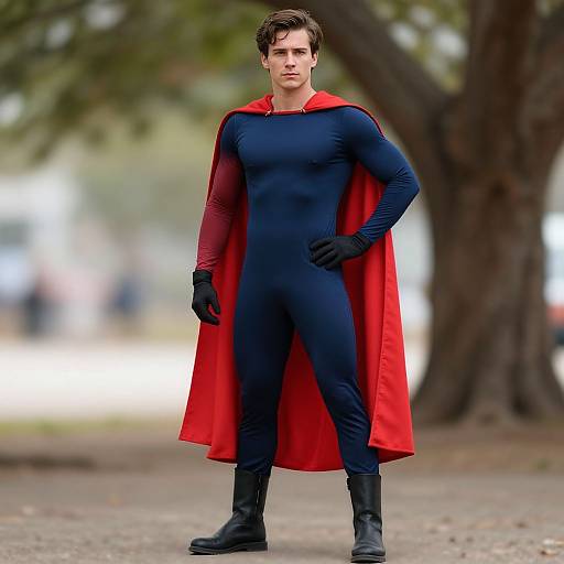 Man in Classic Red Cape and Blue Superhero Costume