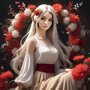Serene Woman in Elegant Attire Surrounded by Flowers