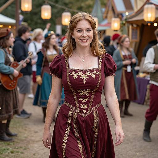 Smiling Woman in Burgundy Renaissance Gown at Festival