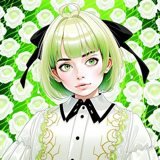 Anisphia Wynn Palettia Anime Portrait with Green Hair and Floral Background