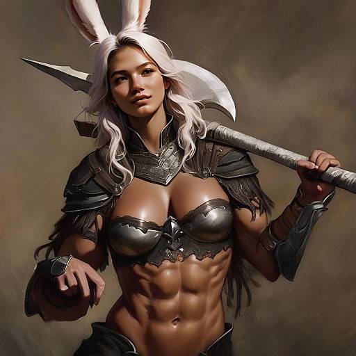 Muscular Female Warrior with Bunny Ears and Axe in Fantasy Armor
