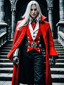 Realistic Alucard Castlevania Cosplay Costume by Man in Gothic Setting