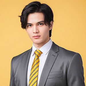 Confident Young Man in Gray Suit with Yellow Background