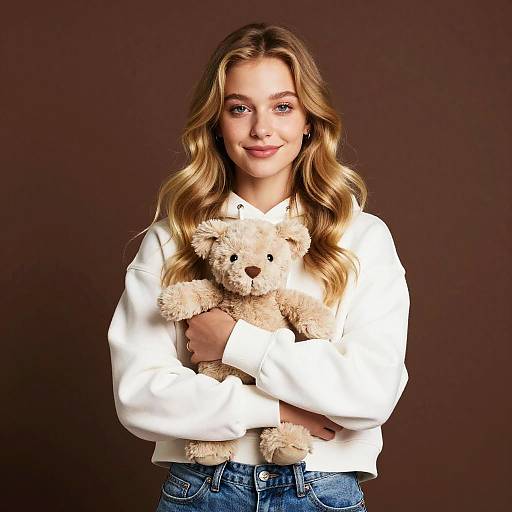 Blonde Woman Hugging Teddy Bear in White Hoodie on Brown Background