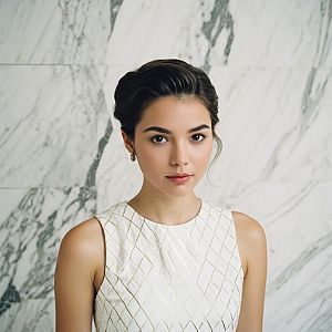 Elegant Woman in White Diamond-Pattern Dress Against Marble Wall