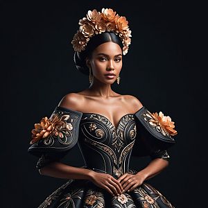 Sophisticated Woman in Embroidered Gown with Floral Headpiece