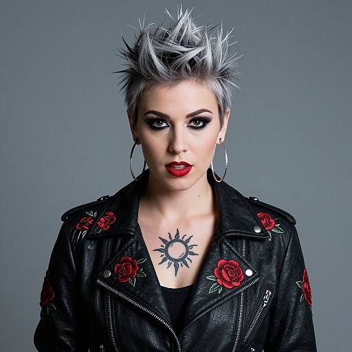 Woman with Silver Spiked Hair and Rose Embroidered Leather Jacket