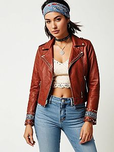 Casual Chic Woman in Tan Leather Biker Jacket with Zippered Front