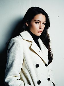 Elegant Woman in White Double-Breasted Coat Fashion Portrait
