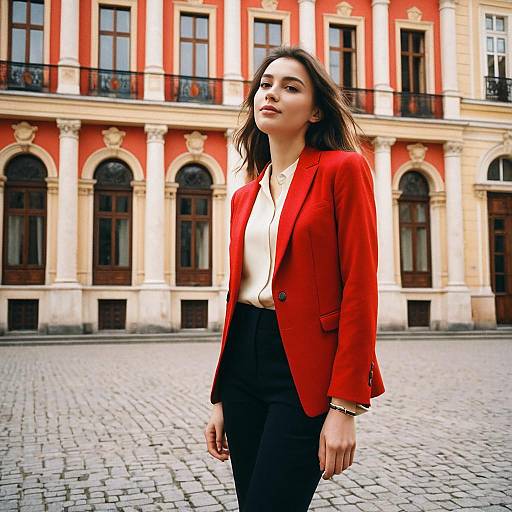 Confident Young Woman in Red Blazer Posing by Historic Building